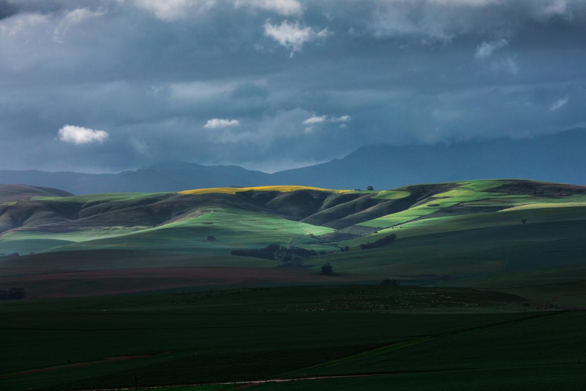 Green foothills against evening sky