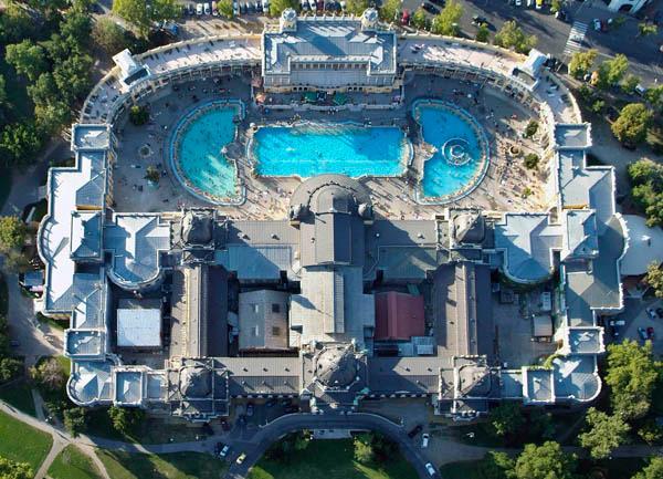 An aerial view of the Széchenyi Thermal Baths and Swimming Pools, built in the City Park of Budapest. 