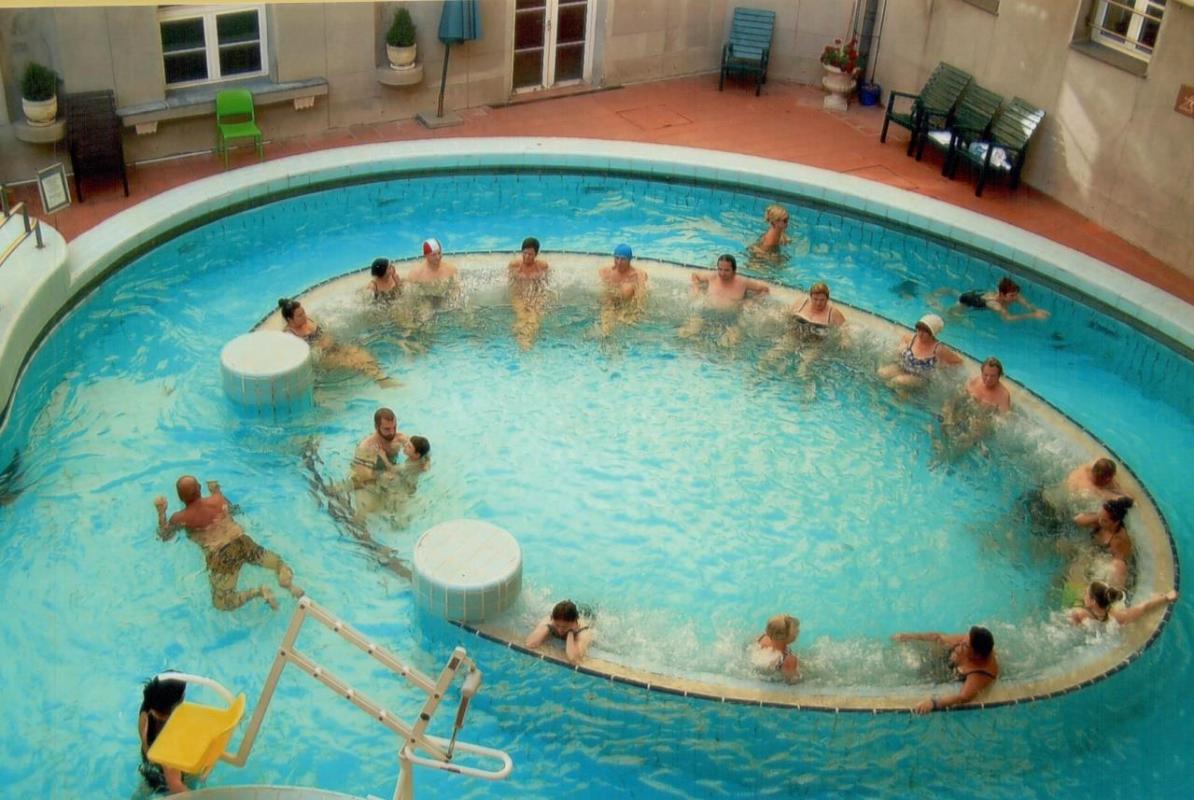 An outdoor swimming pool at St. Lukács.