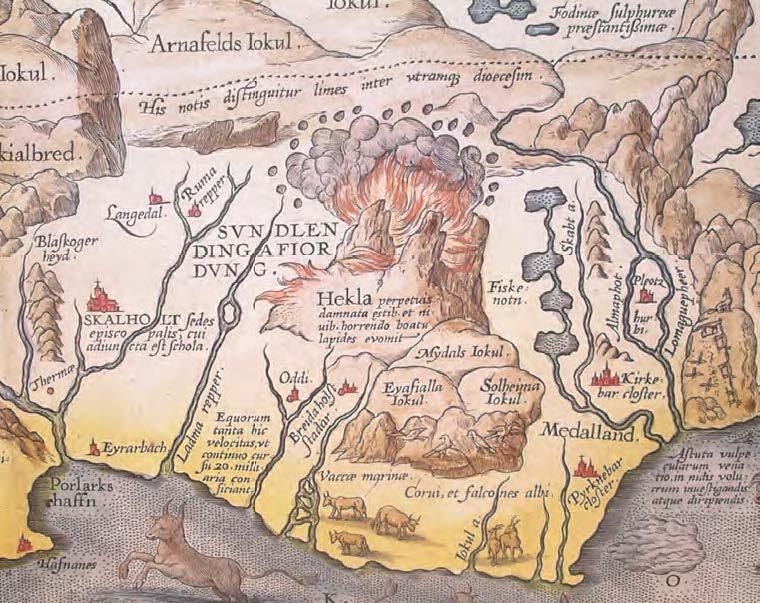 Enlarged view of an eruption at Mount Hekla, drawn in 1585. The Latin inscription reads: Hekla perpetuis damnata estib. et ni uib. horrendo boatu lapides evomit. In English: Hekla, forever condemned to storms and snow, vomits stones with a horrible noise.