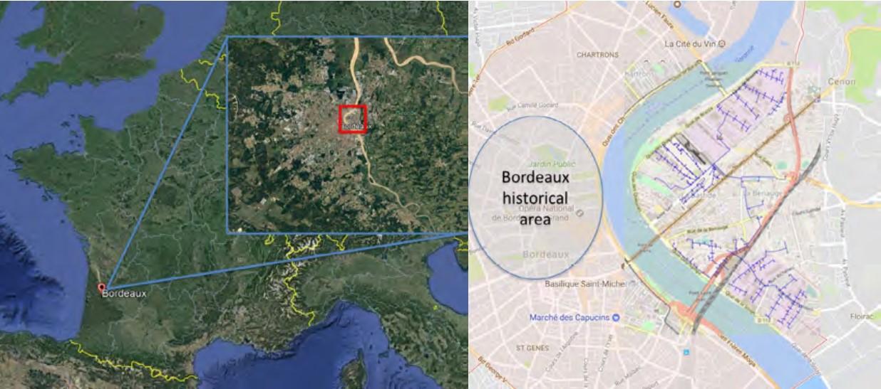 Left: location of Bordeaux, France. Right: PGE heating network with provided districts.