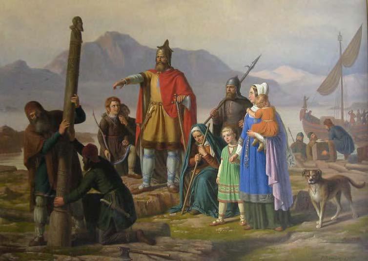 Ingólfur Arnarson commands his men to erect his high-seat pillars in present-day Reykjavík. The painting, by Johan Peter Raadsig, was a gift to the City of Reykjavík from the Eimskipafelag Islands. From“Ingólfur by Raadsig,”Wikimedia Commons
