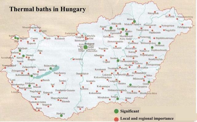 The map illustrates the numbers and locations of thermal baths in Hungary