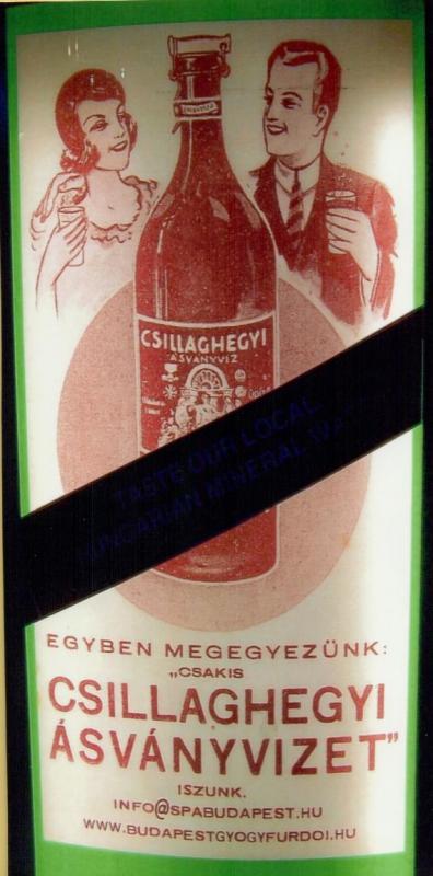 The label on a bottle of mineral water from the Csillaghegyi Baths and Swimming Pool in northern Budapest