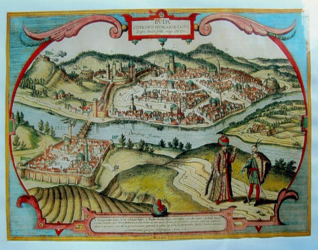 View of the Cities of Buda and Pest (today Budapest), as seen in Ottoman times; after a painting by Joris Hoefnagel published in 1617