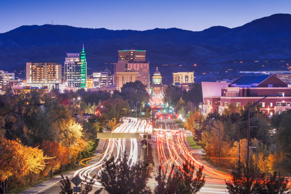 Stock photo of Boise, Idaho cityscape at twilight