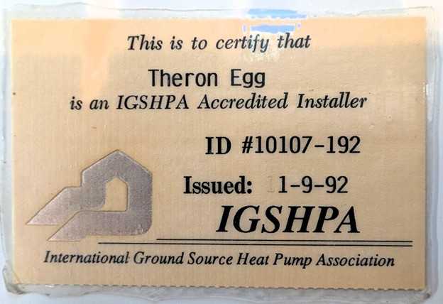 Theron Egg's IGSHPA Accredited Installer card