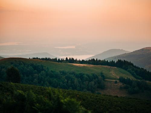 Rolling hills with large trees throughout with multiple lakes in the background and a hazy, orange sky above.